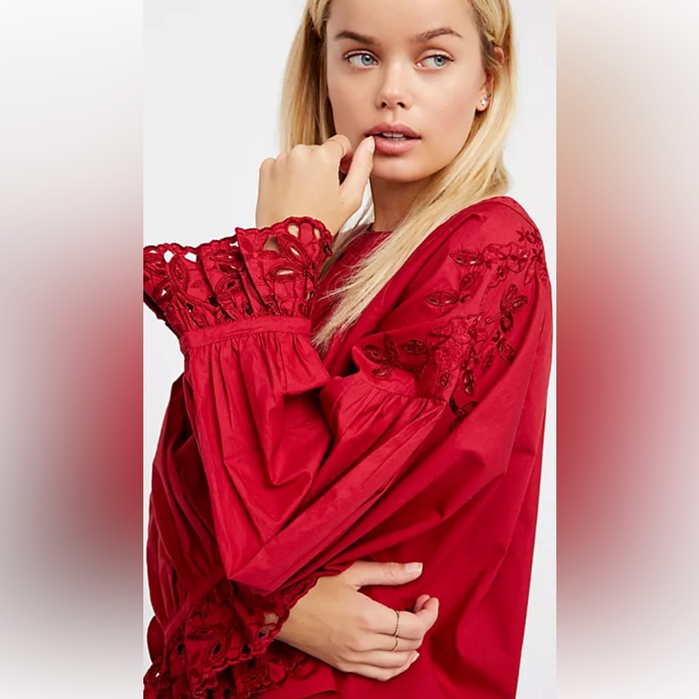 Free People Red Embroidered Lace Sleeve Blouse